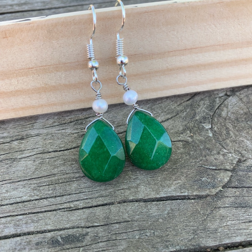 Jade & Real Pearl Drop Sterling Silver Earrings